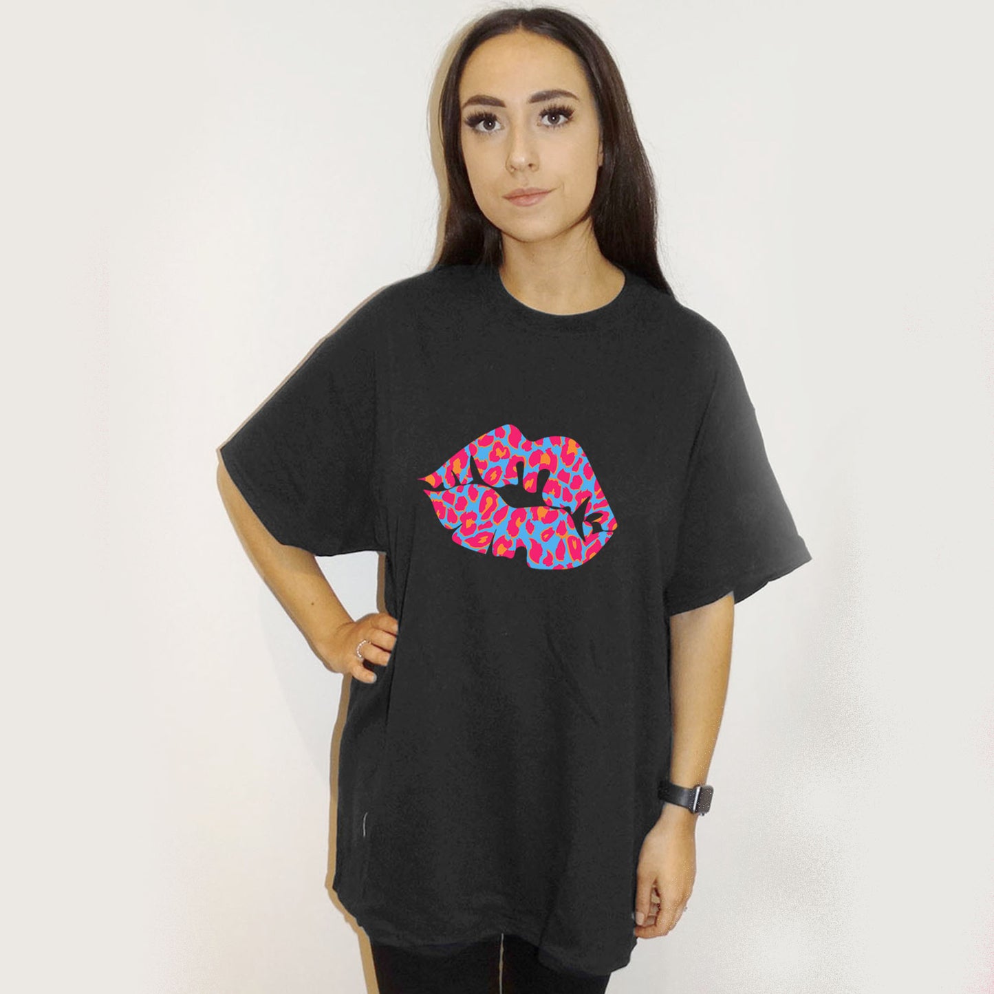 Black Oversize T Shirt With Blue And Pink Leopard Lip Print