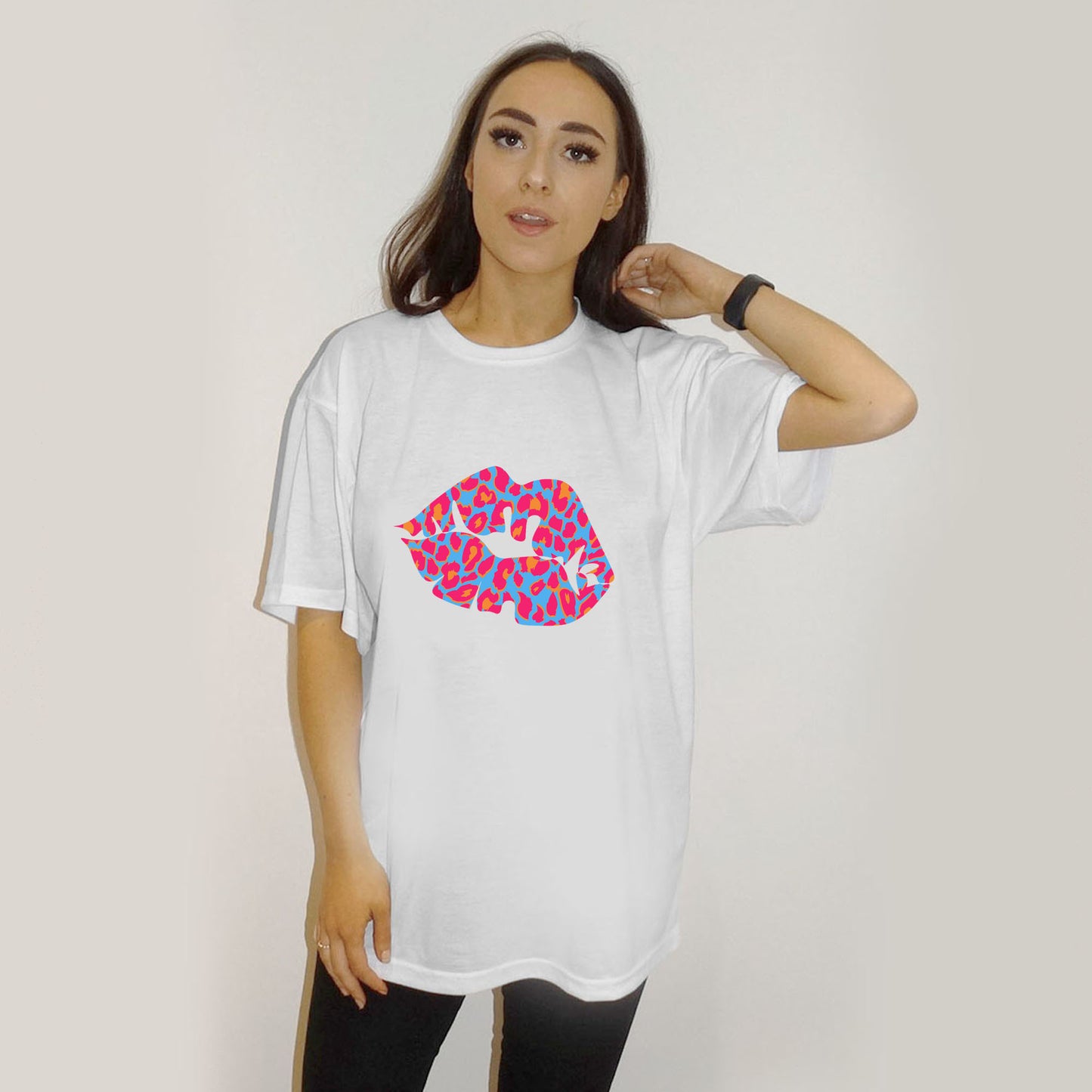 White Oversize T Shirt With Blue And Pink Leopard Lip Print