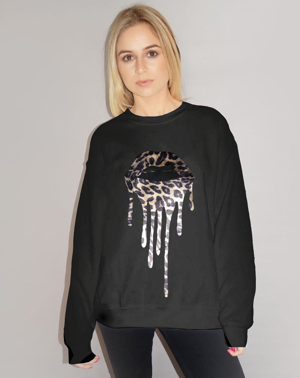 Jumper In Black With Gold Foil Leopard Print Drip Lip