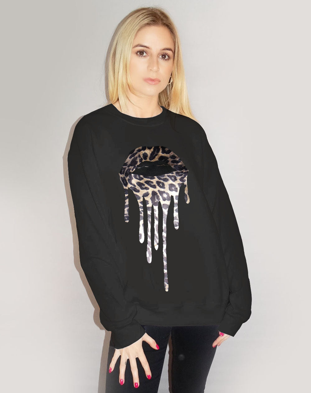 Jumper In Black With Gold Foil Leopard Print Drip Lip