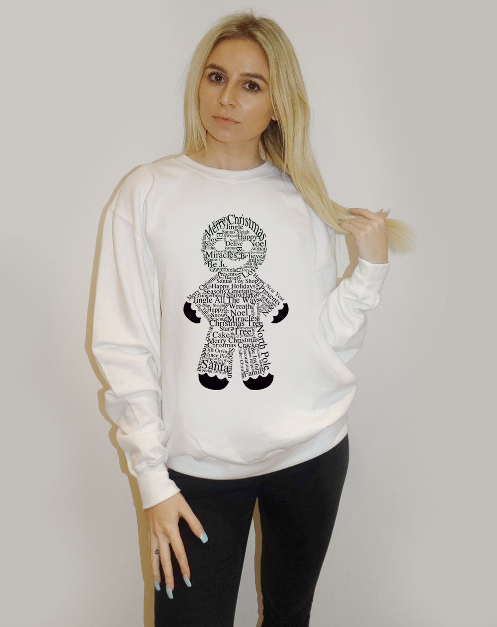 White Christmas Sweater With Gingerbread Man Print