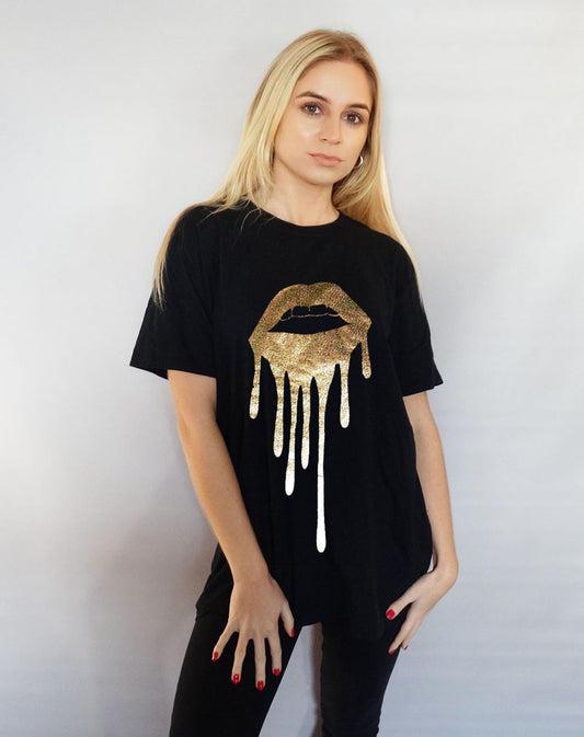 Holographic Gold LIP Drip  T-shirt In Black