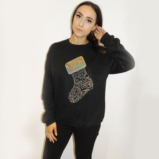 Glitter Stocking Print Jumper In Black