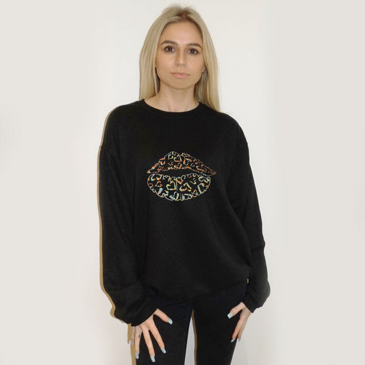 Gold Holographic Leopard Heart Lip Print Jumper In Black