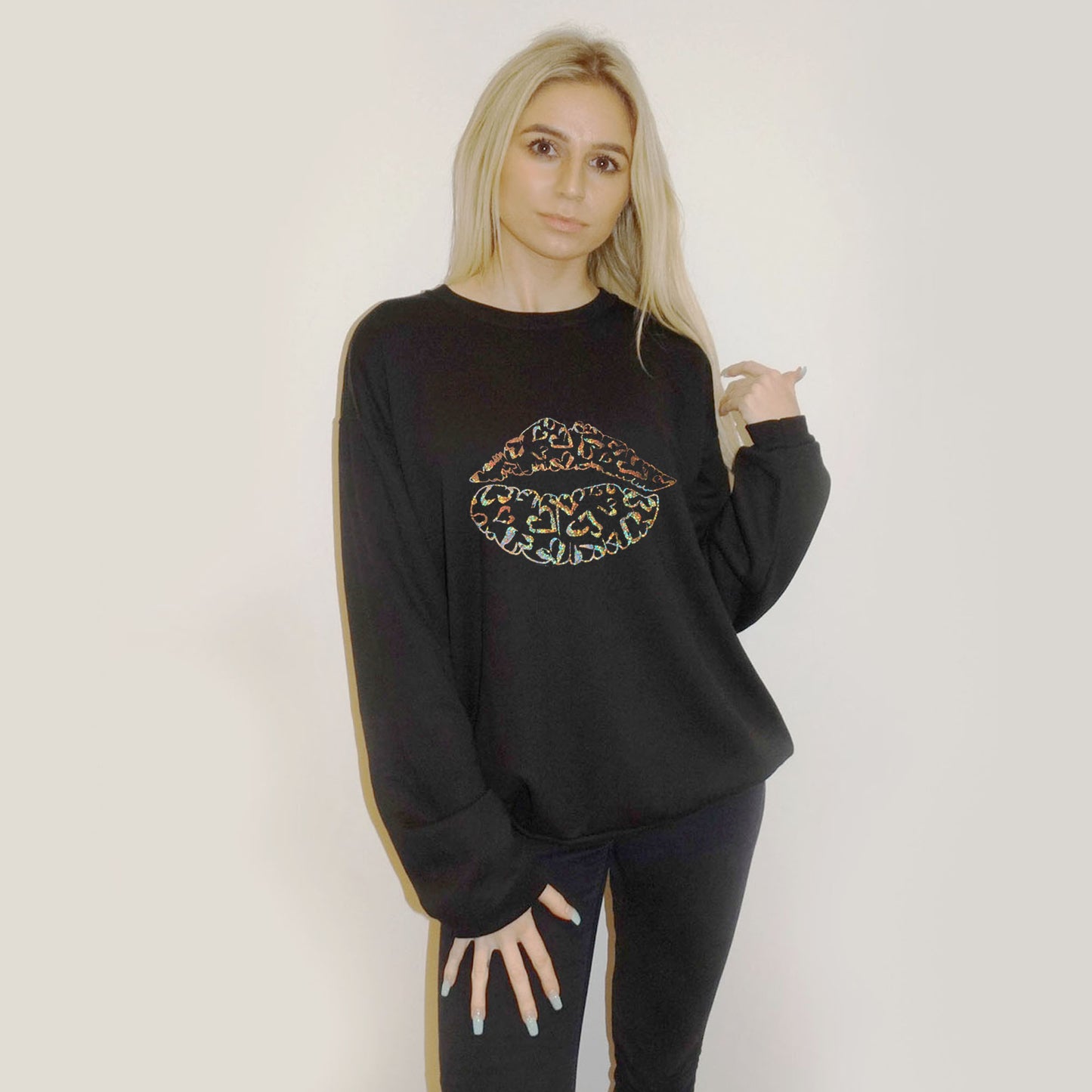 Gold Holographic Leopard Heart Lip Print Jumper In Black