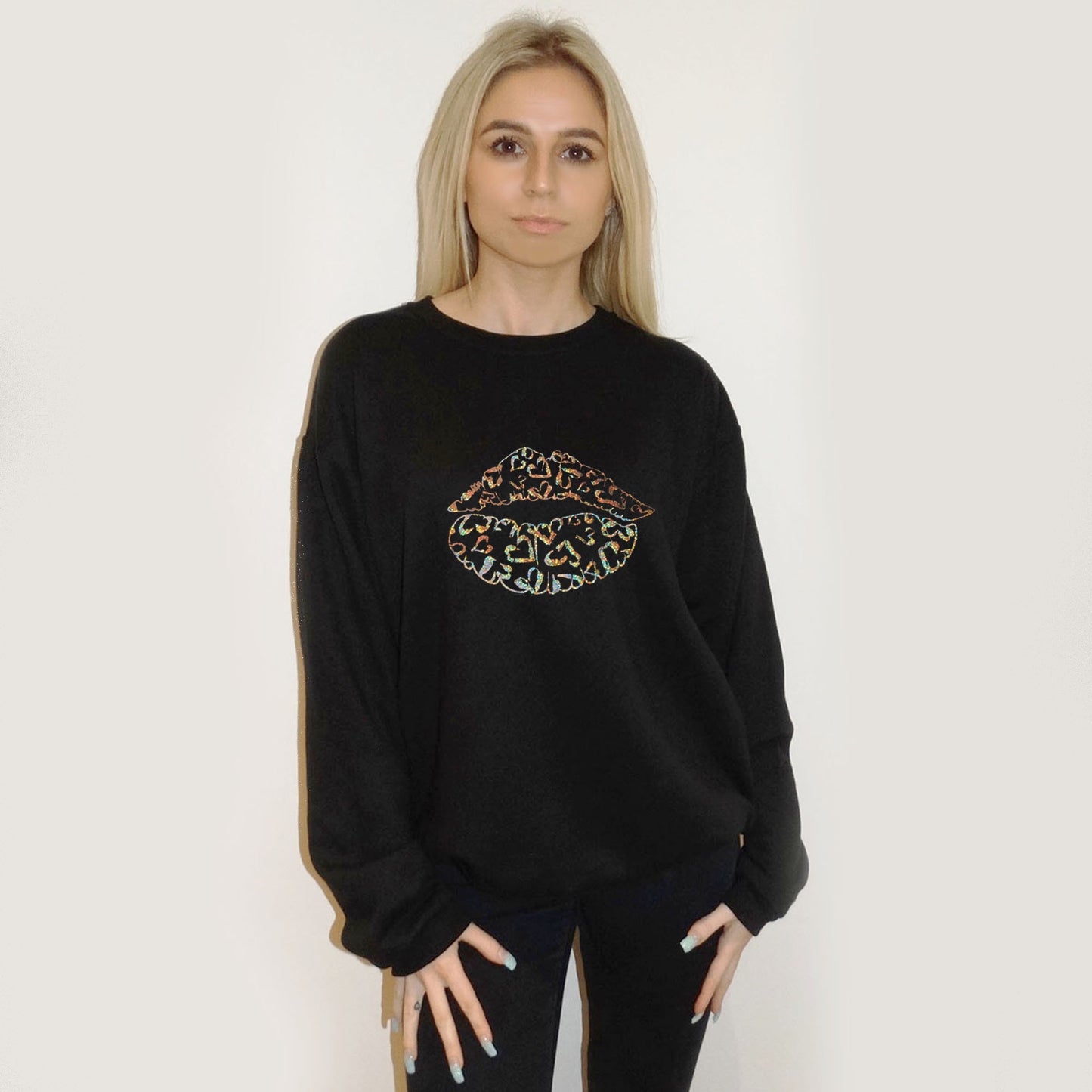 Gold Holographic Leopard Heart Lip Print Jumper In Black