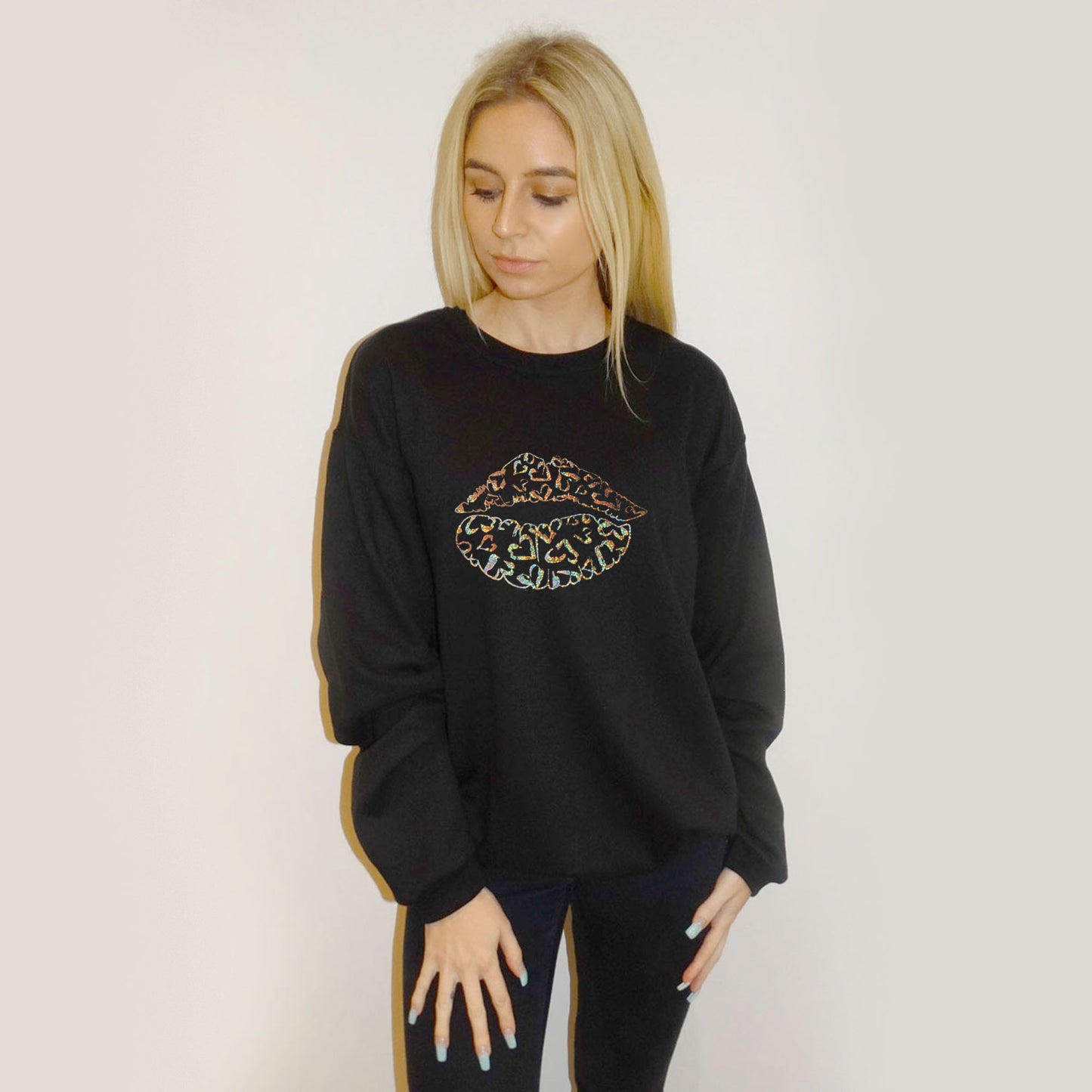 Gold Holographic Leopard Heart Lip Print Jumper In Black