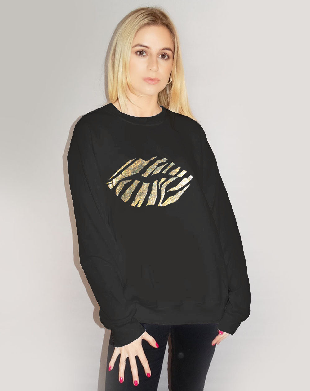 Gold Holographic Zebra Lip Jumper In Black