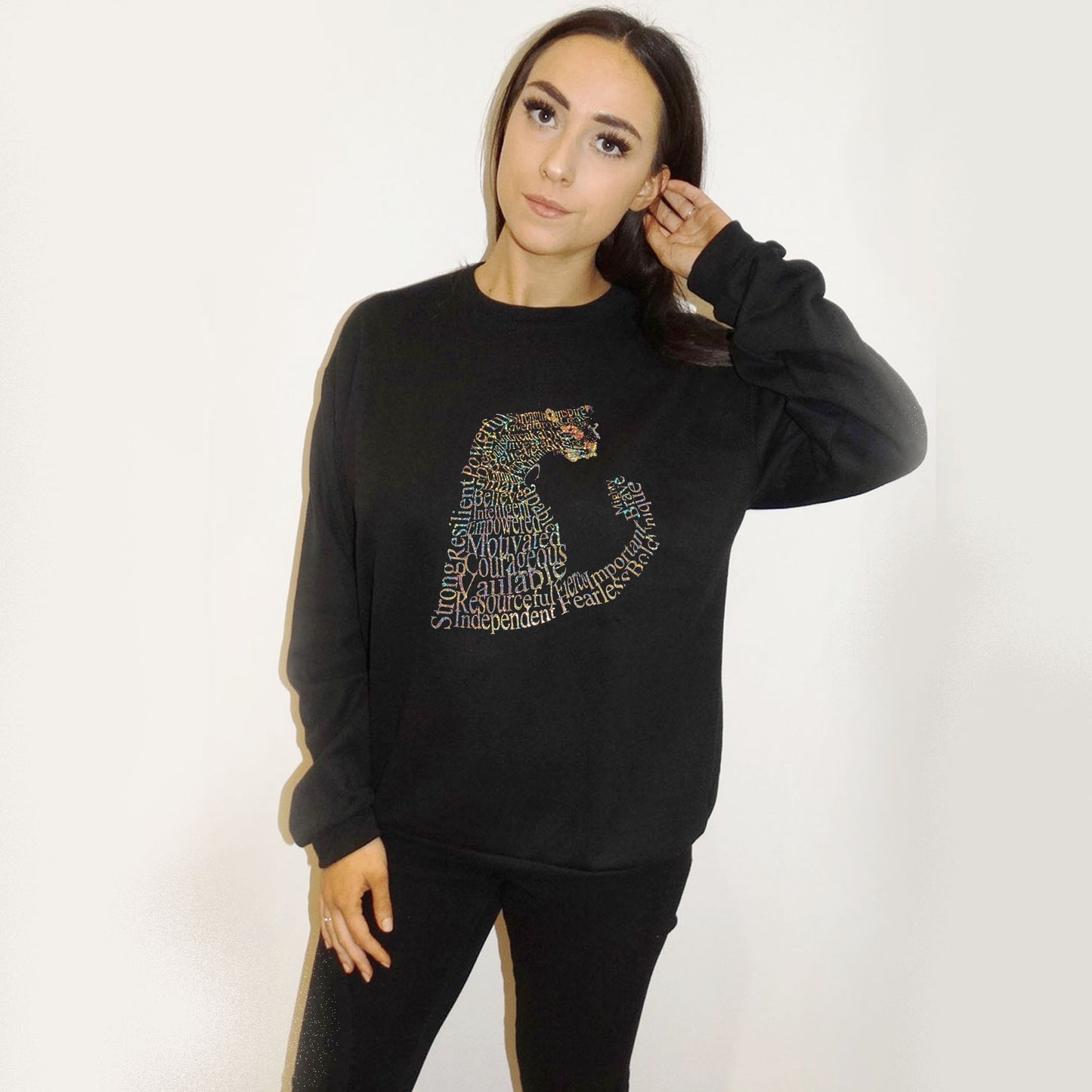 Gold Holographic Leopard Words Print Jumper In Black