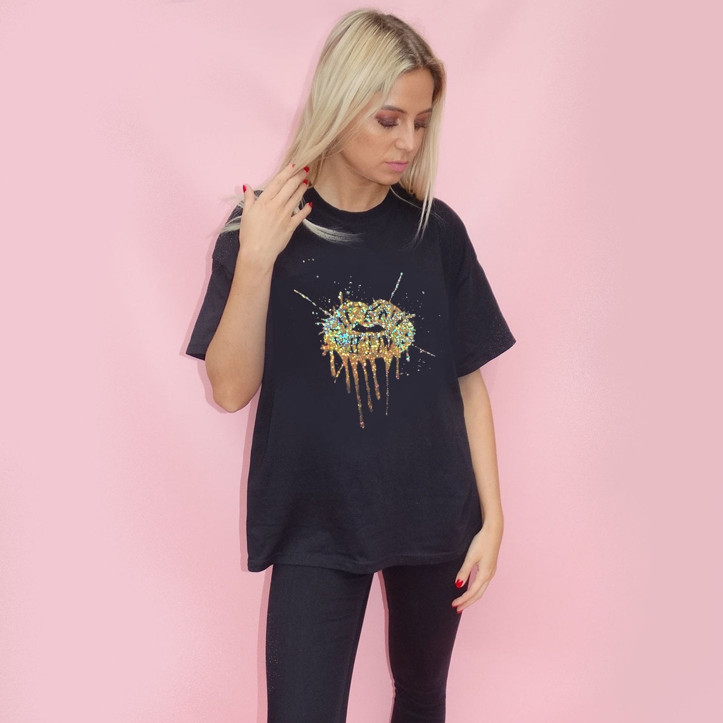 Gold Glitter Lip Drip Splat Print Tshirt In Black