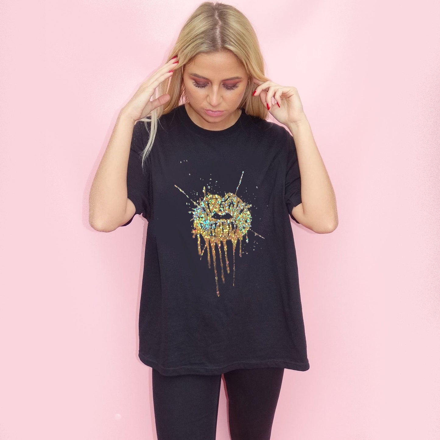 Gold Glitter Lip Drip Splat Print Tshirt In Black