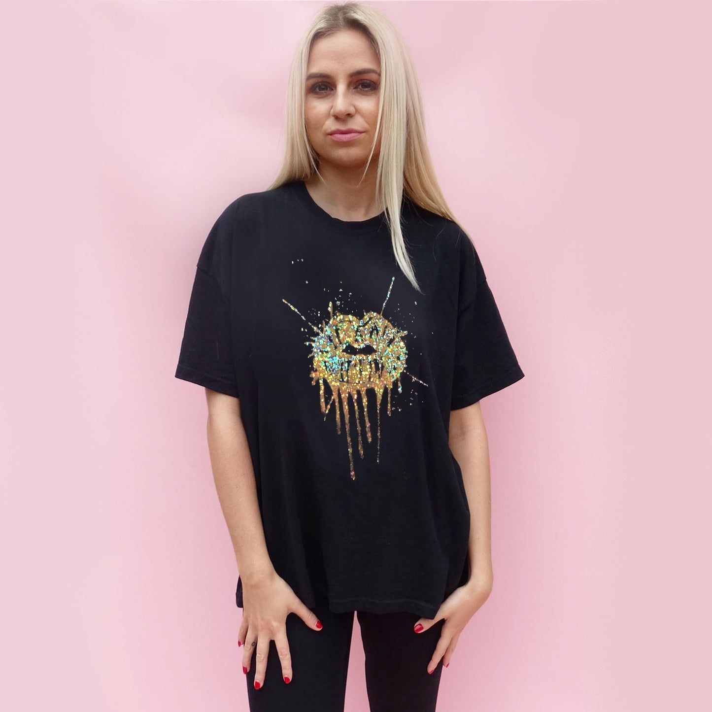 Gold Glitter Lip Drip Splat Print Tshirt In Black