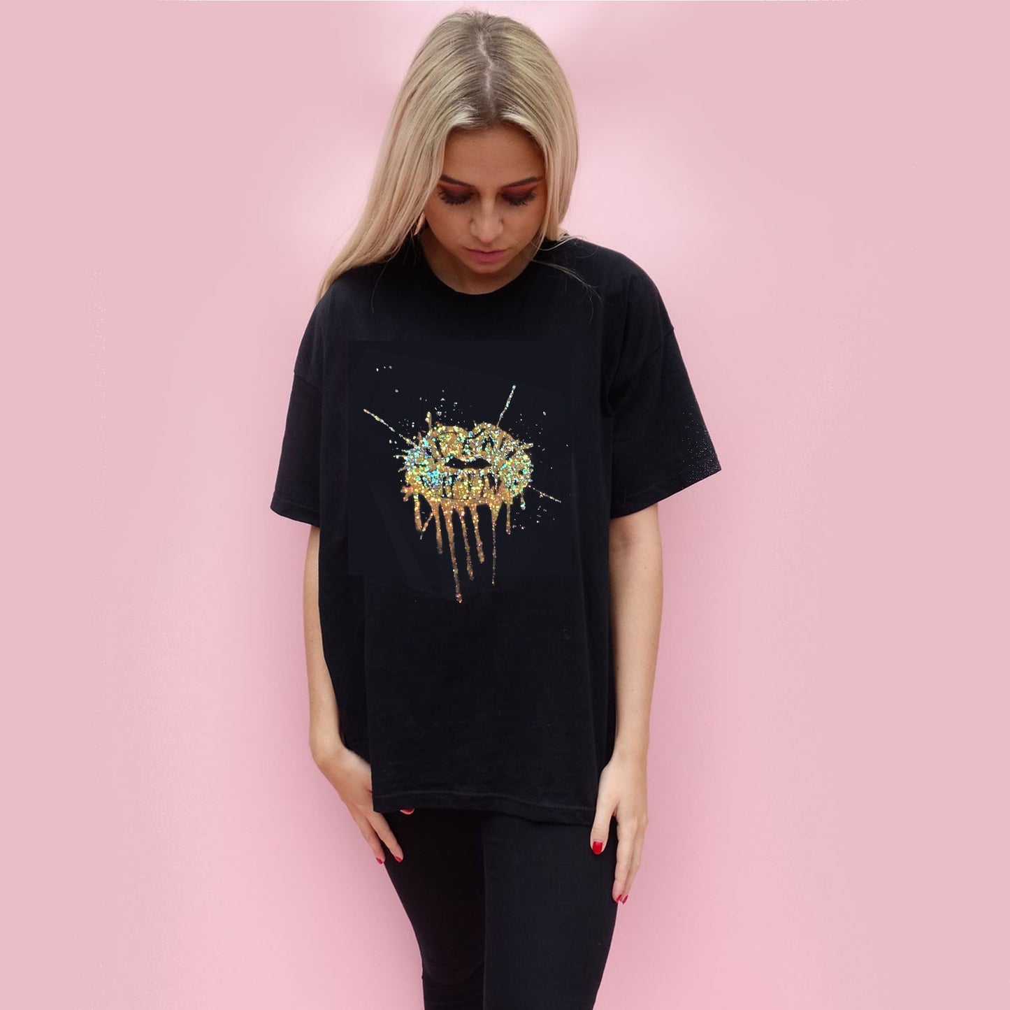 Gold Glitter Lip Drip Splat Print Tshirt In Black