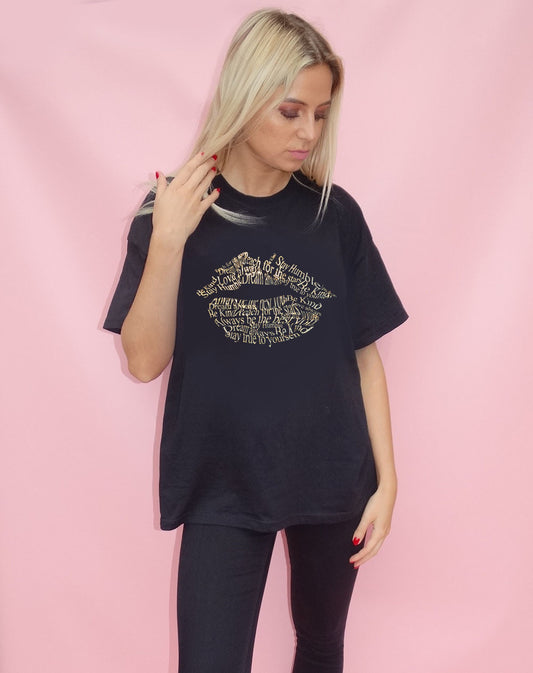 Gold Holographic Positive Lip Tshirt In Black