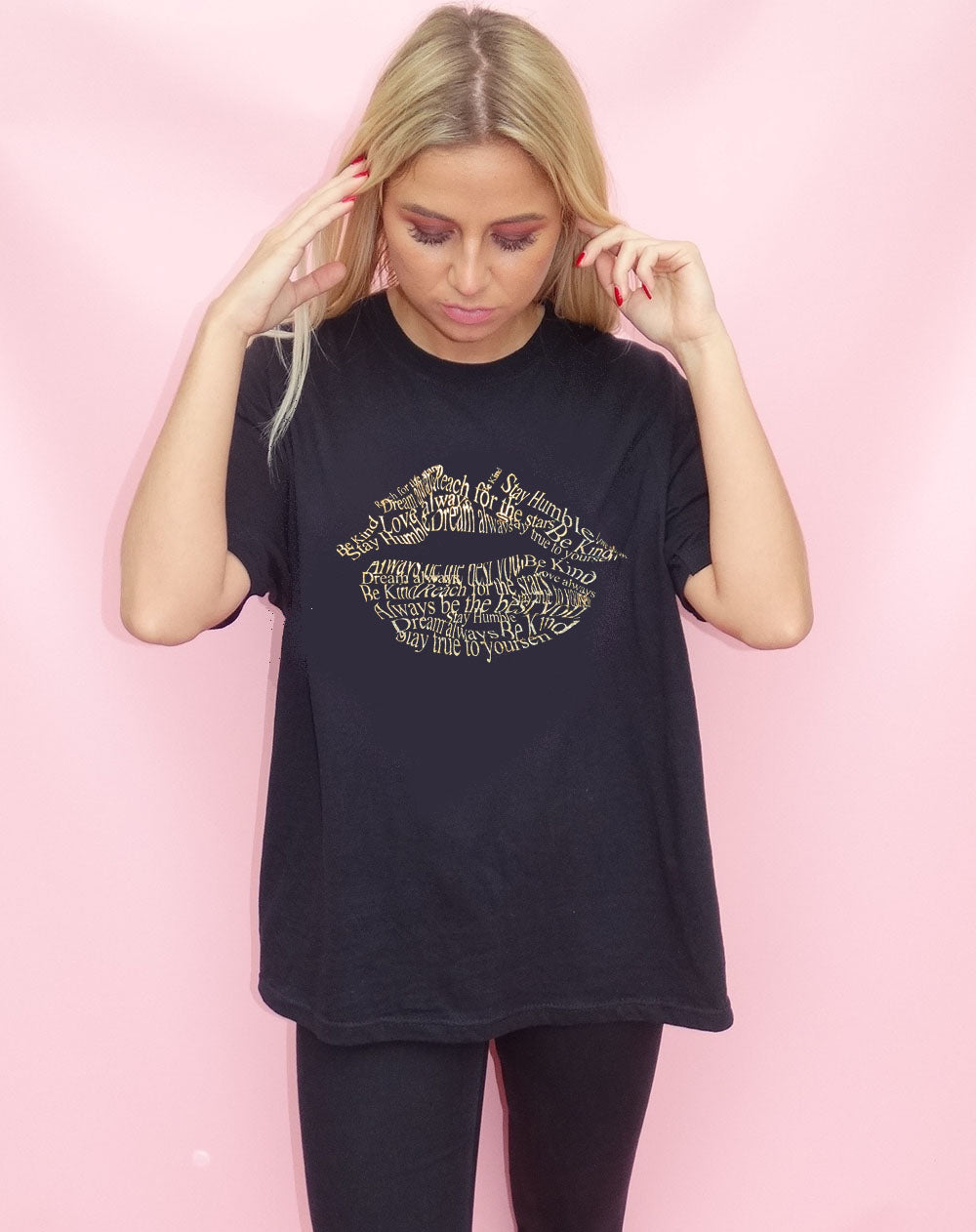 Gold Holographic Positive Lip Tshirt In Black