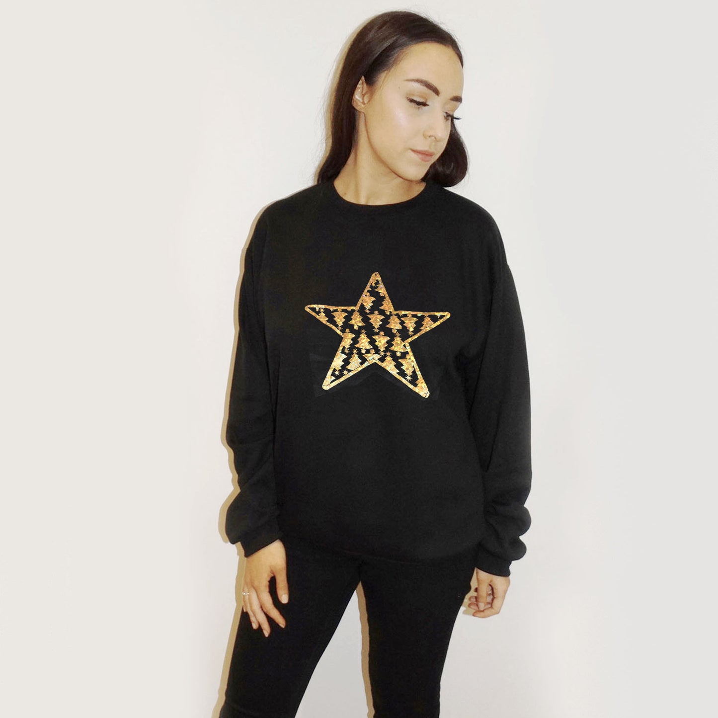 Gold Star Christmas Tree Print Xmas Jumper In Black