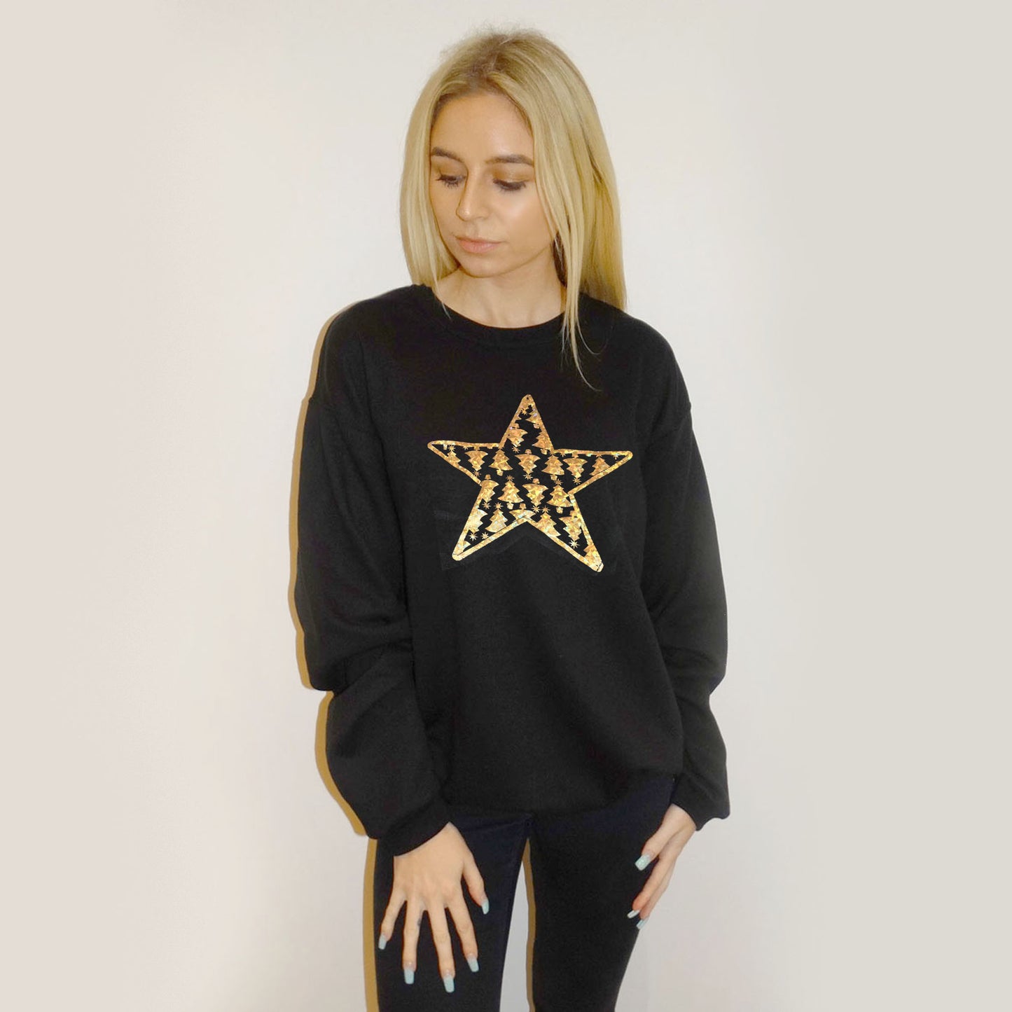 Gold Star Christmas Tree Print Xmas Jumper In Black