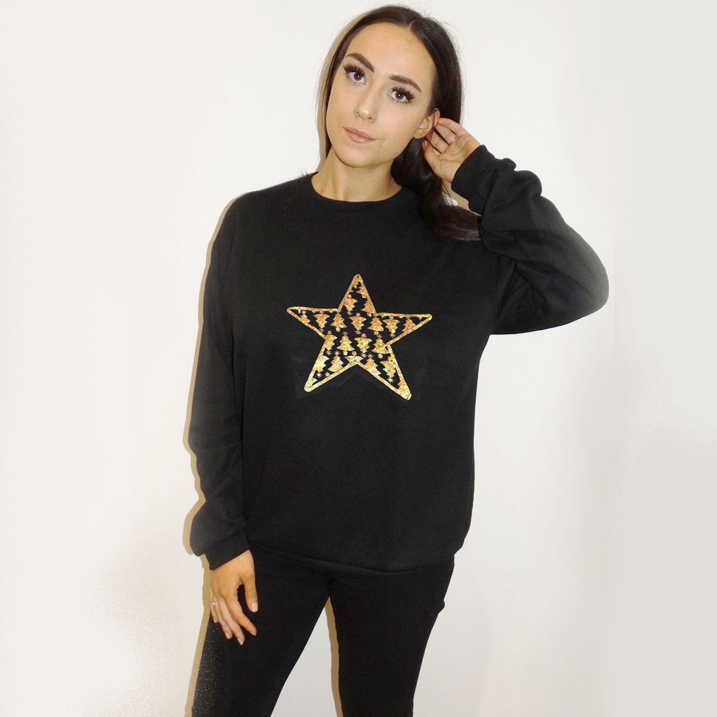 Gold Star Christmas Tree Print Xmas Jumper In Black