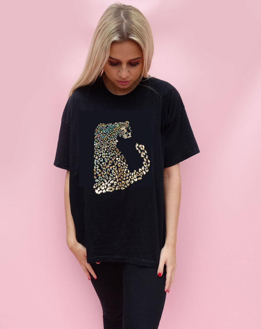 Gold Iridescent Leopard Tshirt In Black