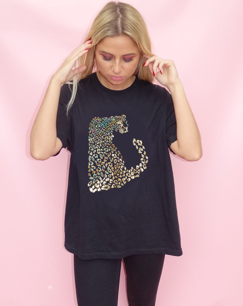 Gold Iridescent Leopard Tshirt In Black