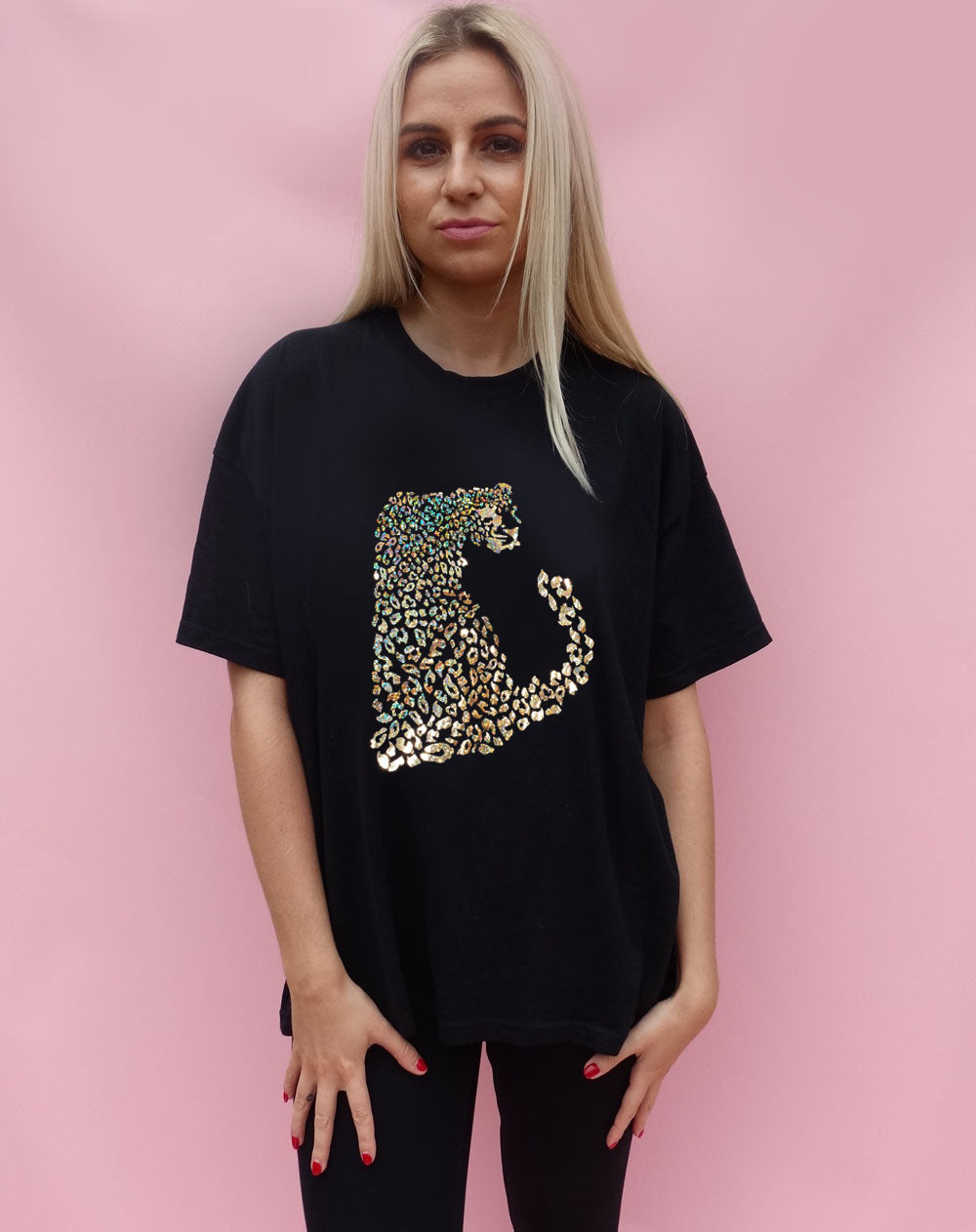 Gold Iridescent Leopard Tshirt In Black