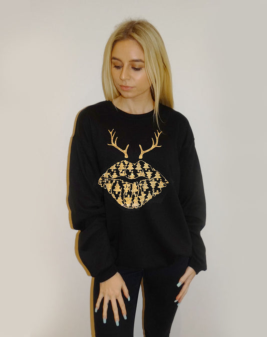 Christmas Tree Reindeer Lip Print Jumper In Black