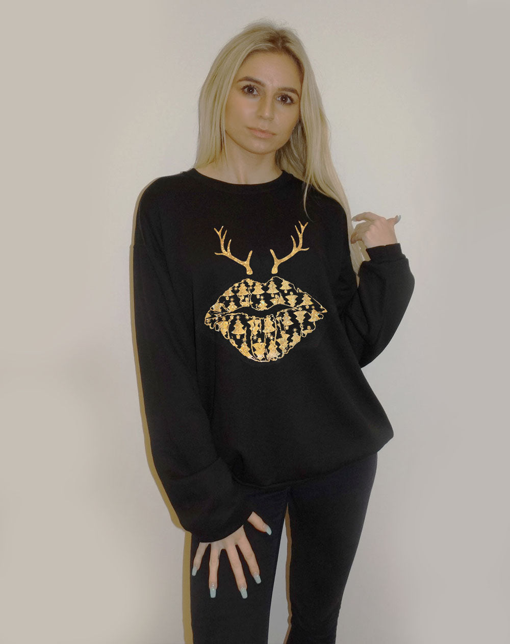 Christmas Tree Reindeer Lip Print Jumper In Black