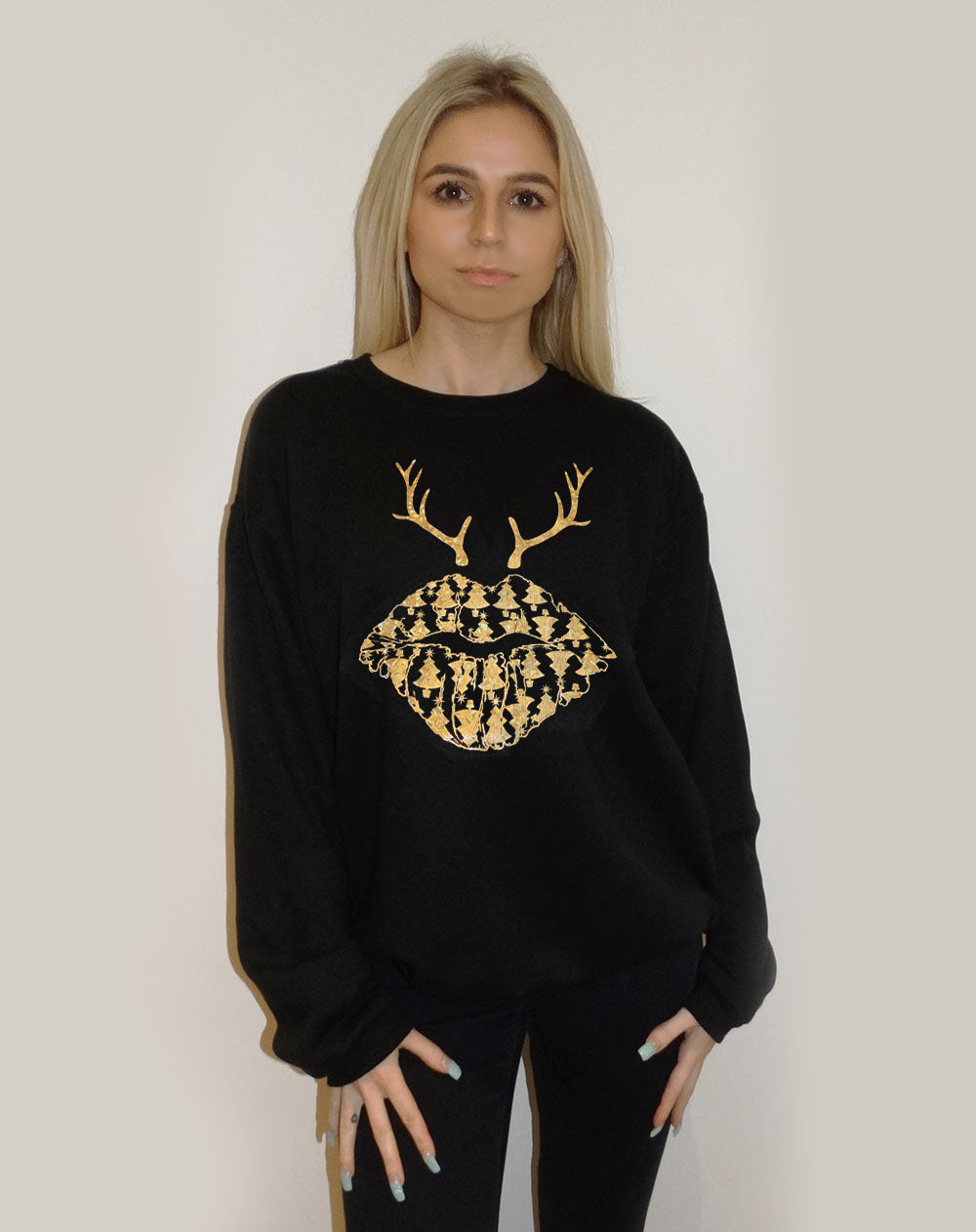 Christmas Tree Reindeer Lip Print Jumper In Black