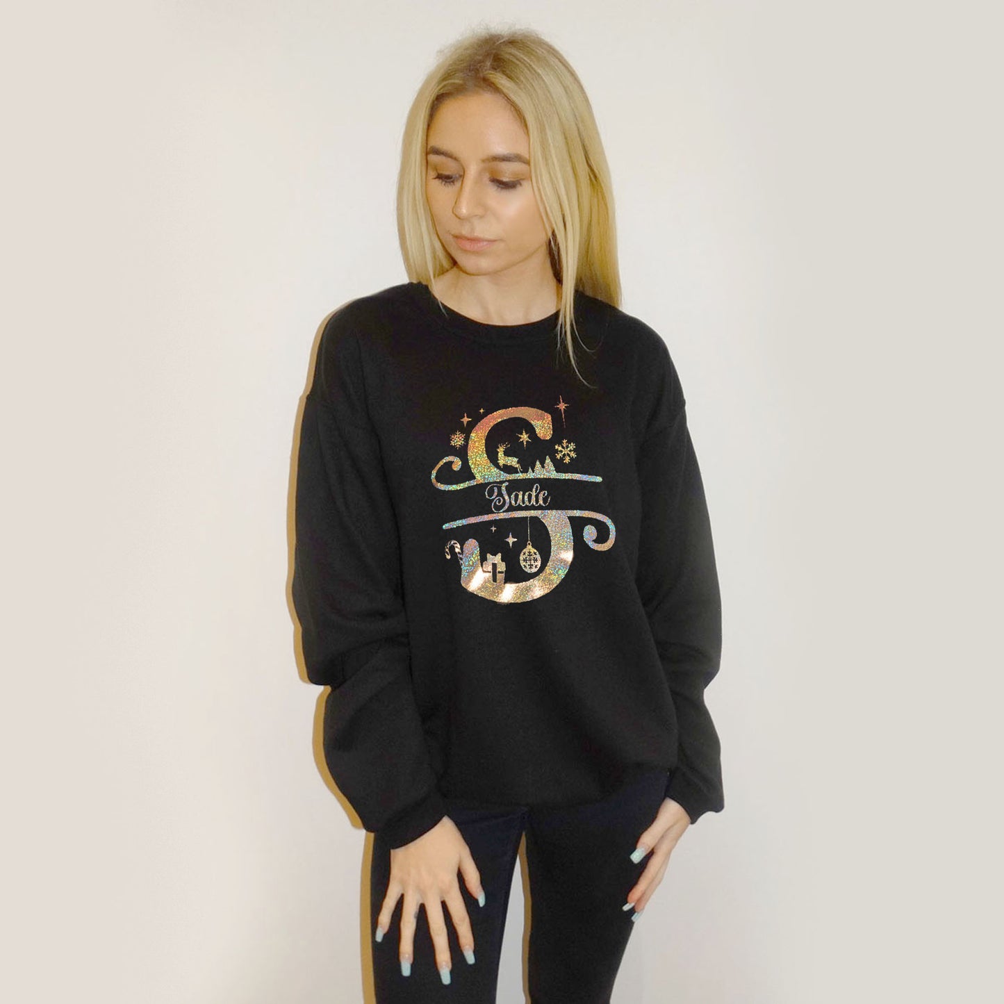 Personalised Christmas Name Print Jumper In Black