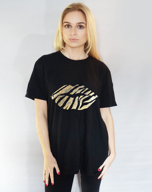 Gold Holographic Zebra Lip Print T-shirt in Black