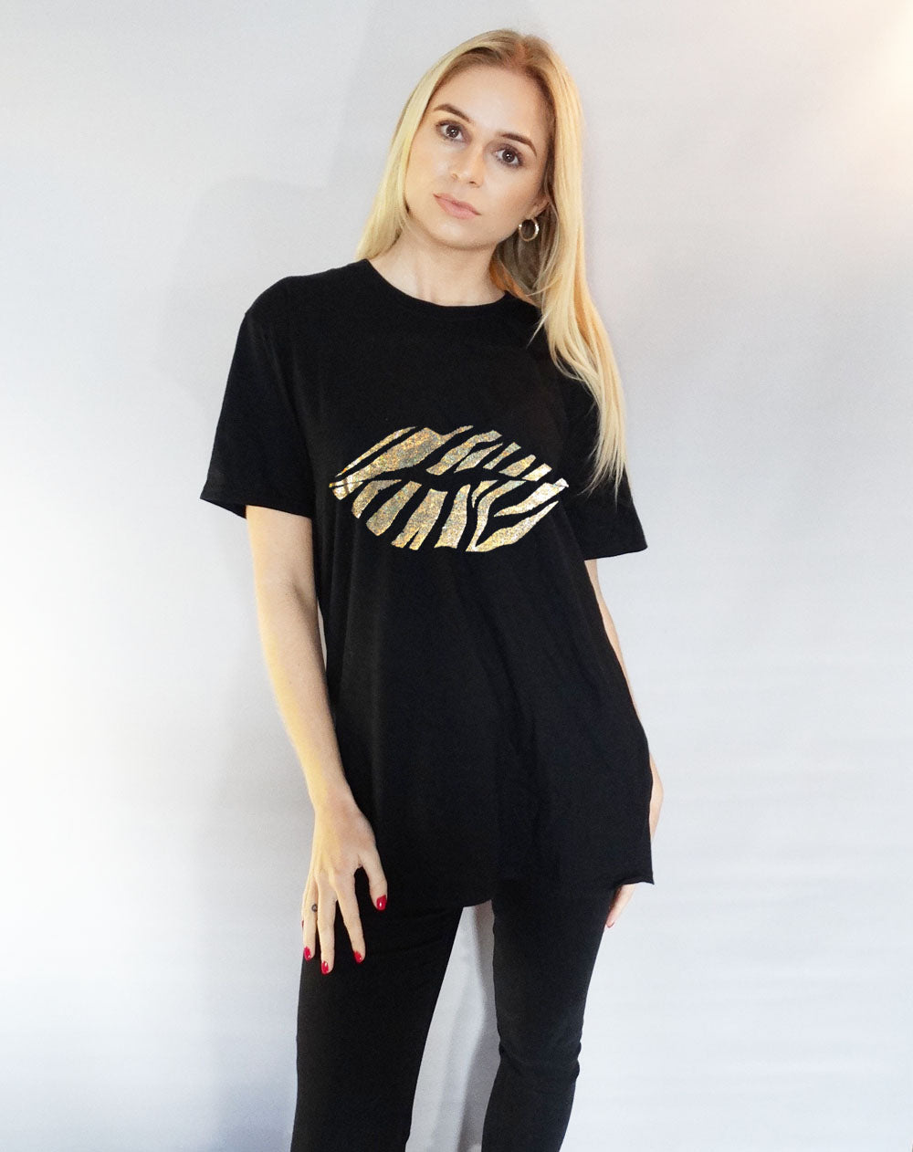 Gold Holographic Zebra Lip Print T-shirt in Black