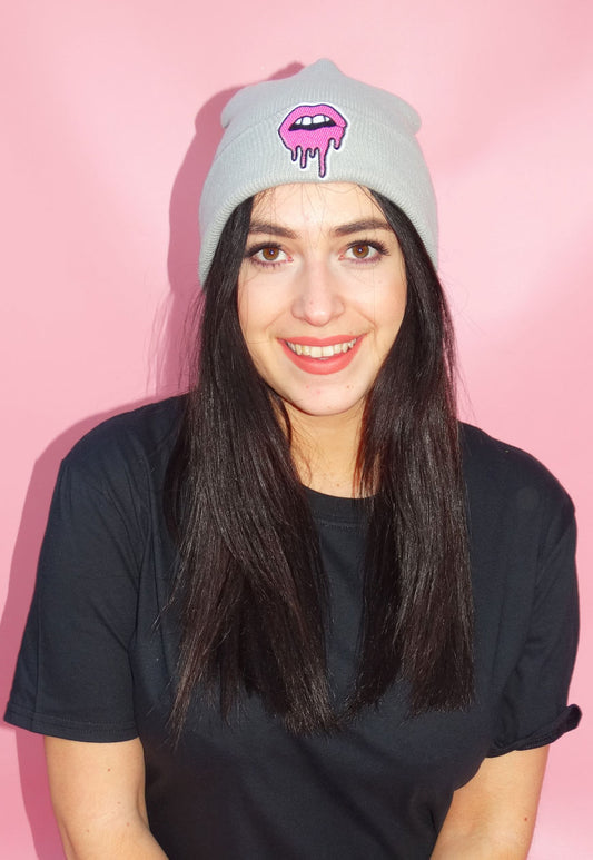 Grey Drip Lip Beanie Hat