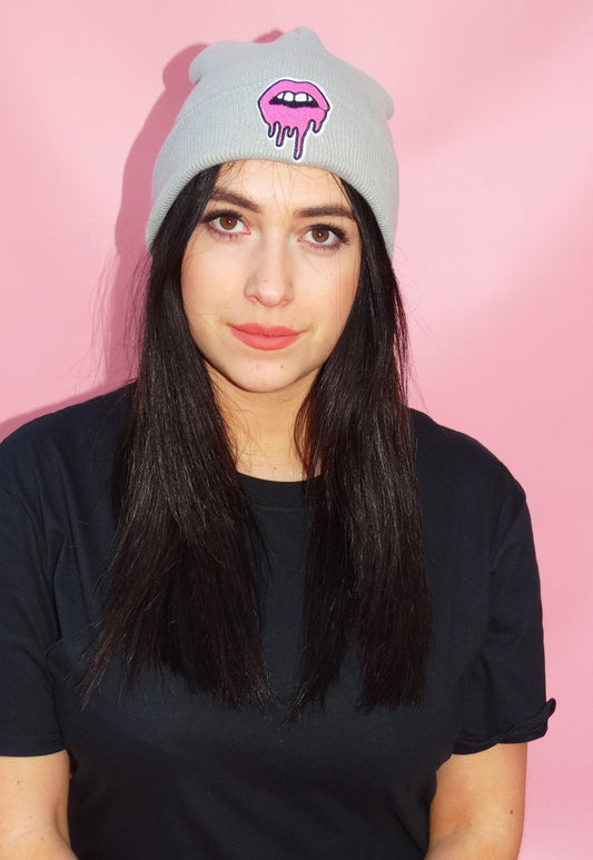 Grey Drip Lip Beanie Hat