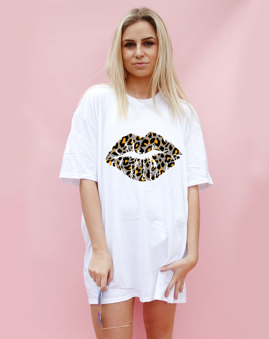 Grey and Orange Leopard Lip Motif Oversize Tshirt Dress in white