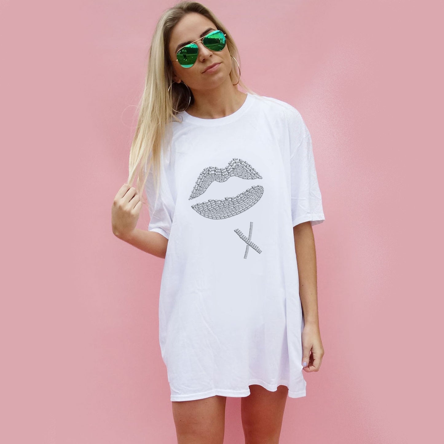 Kiss Black Text Lip Print T Shirt In White