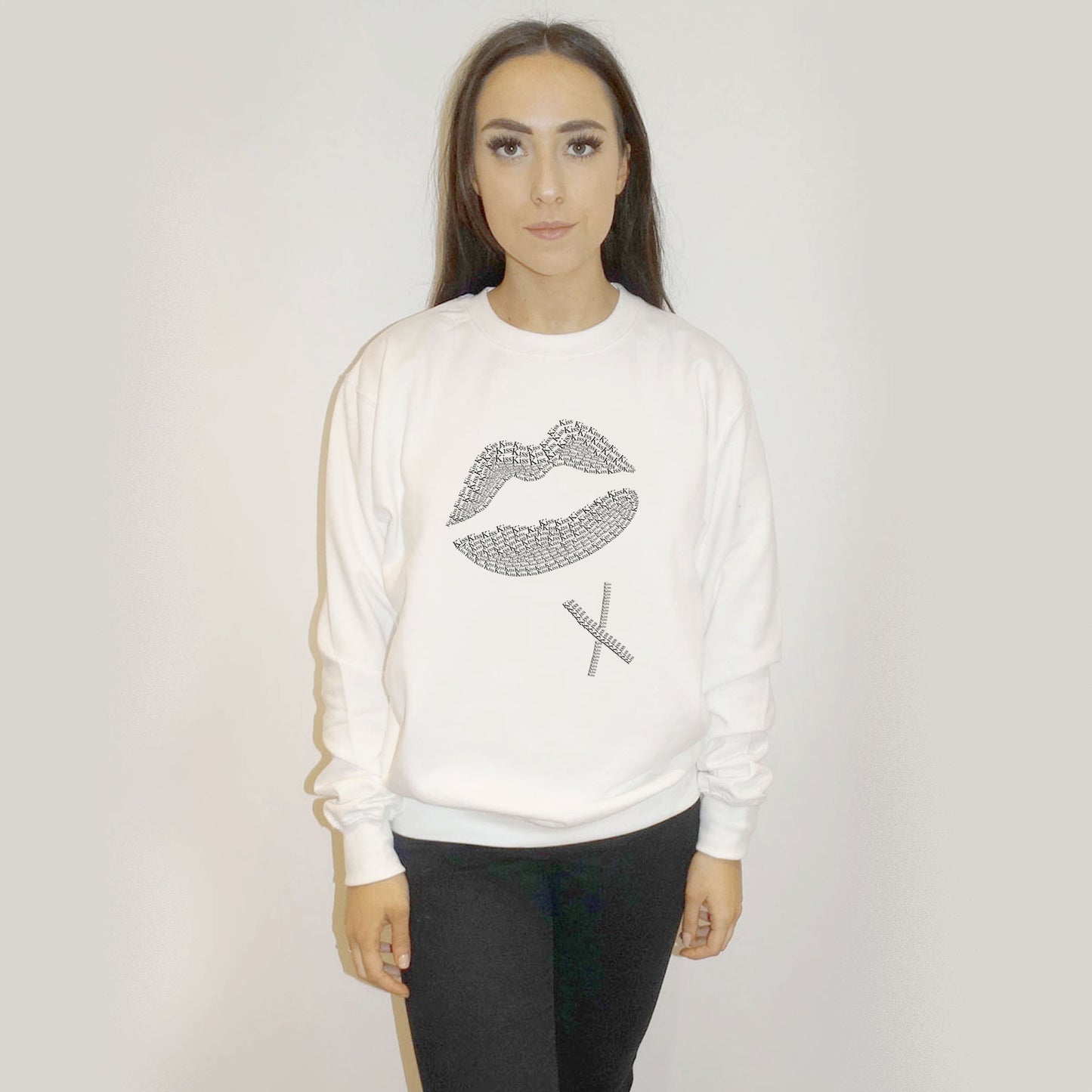 Kiss Black Text Lip Print Jumper In White