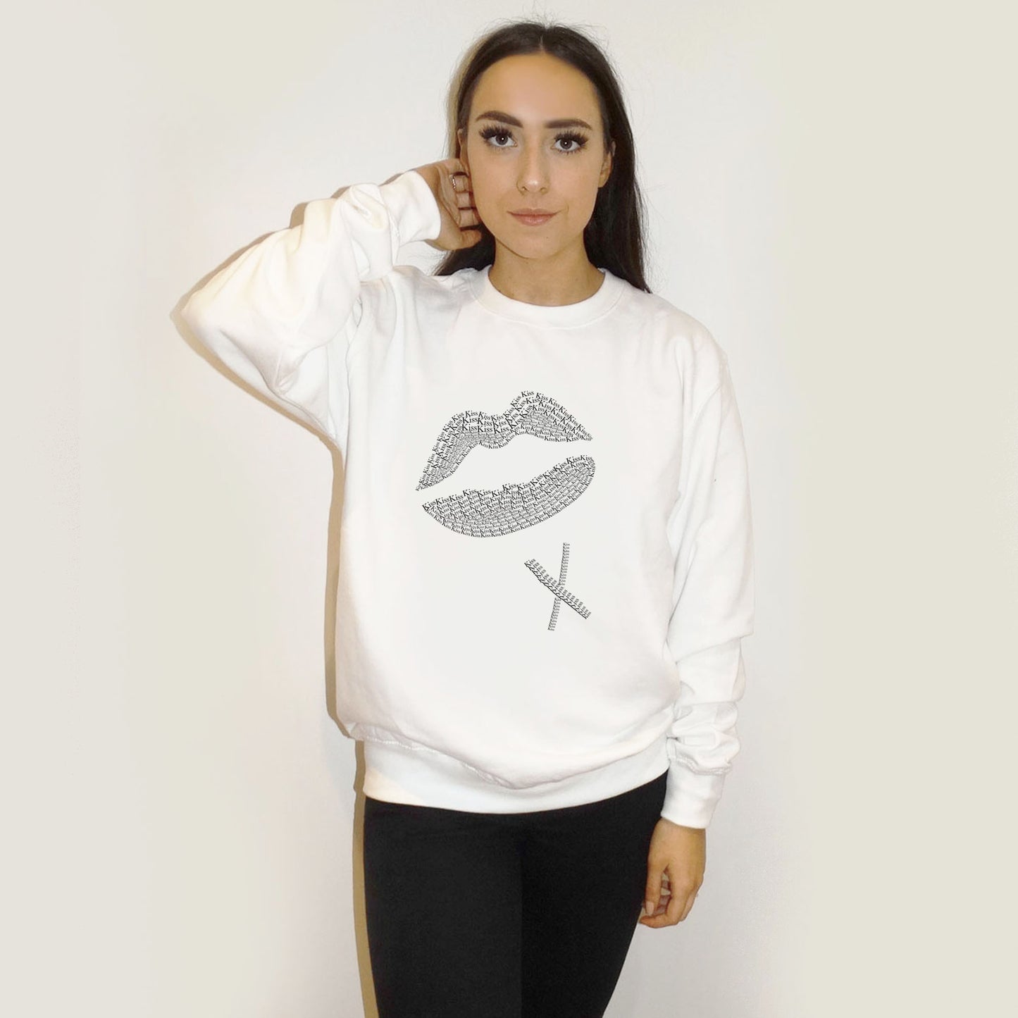 Kiss Black Text Lip Print Jumper In White