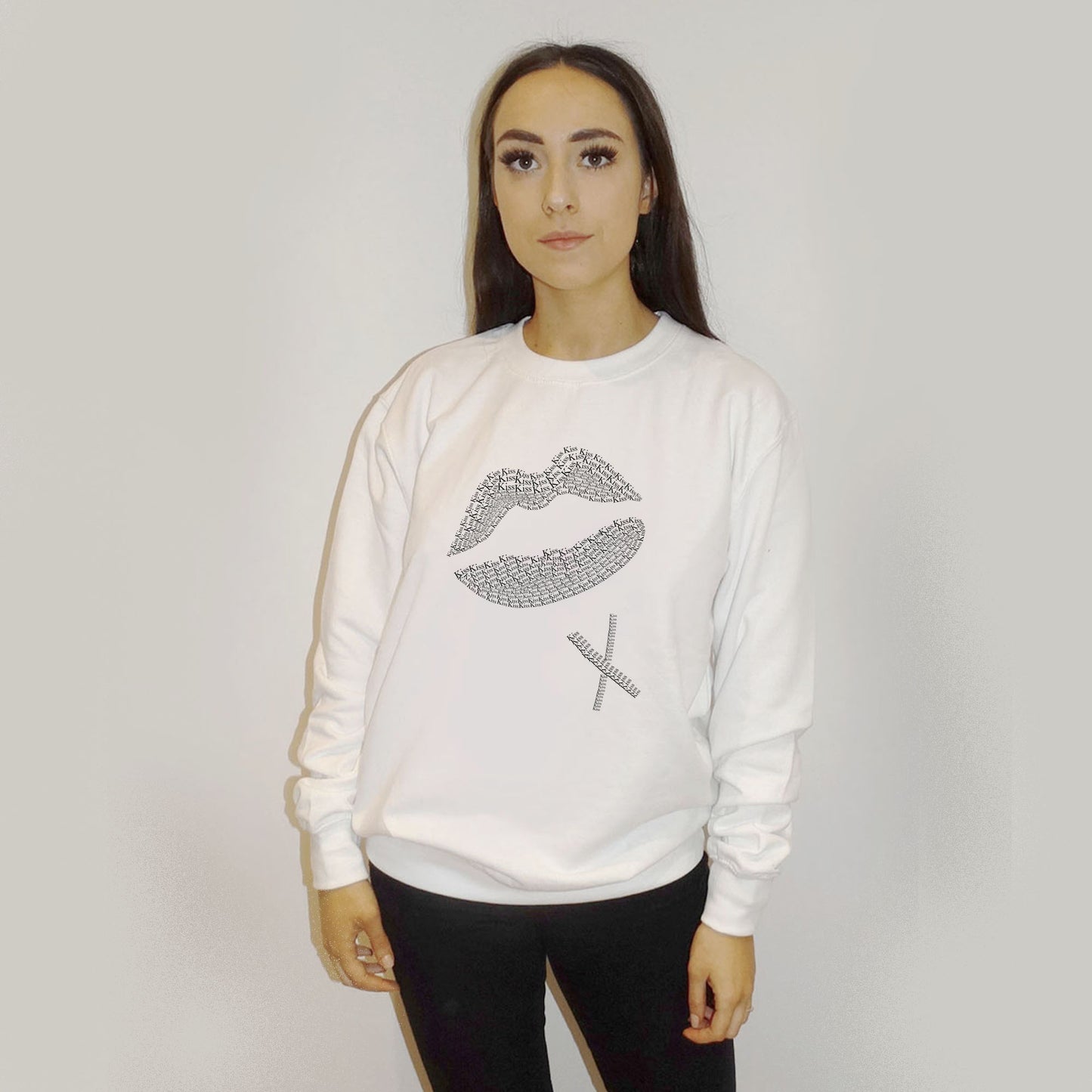 Kiss Black Text Lip Print Jumper In White