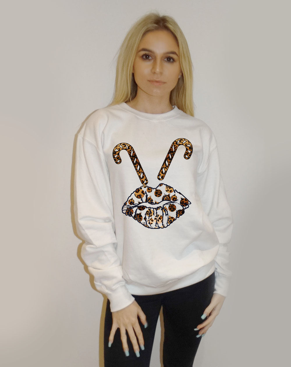 White Christmas Jumper With Candy Cane Lip Print