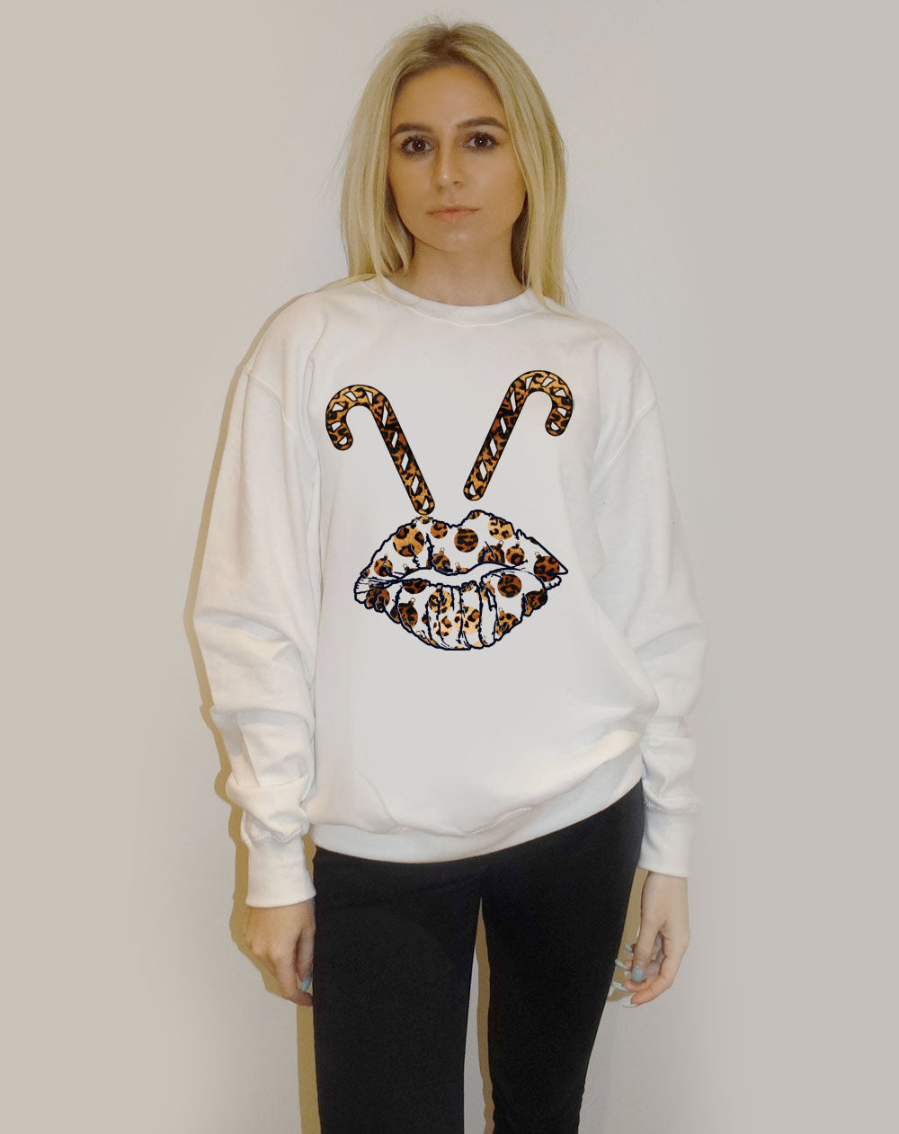 White Christmas Jumper With Candy Cane Lip Print