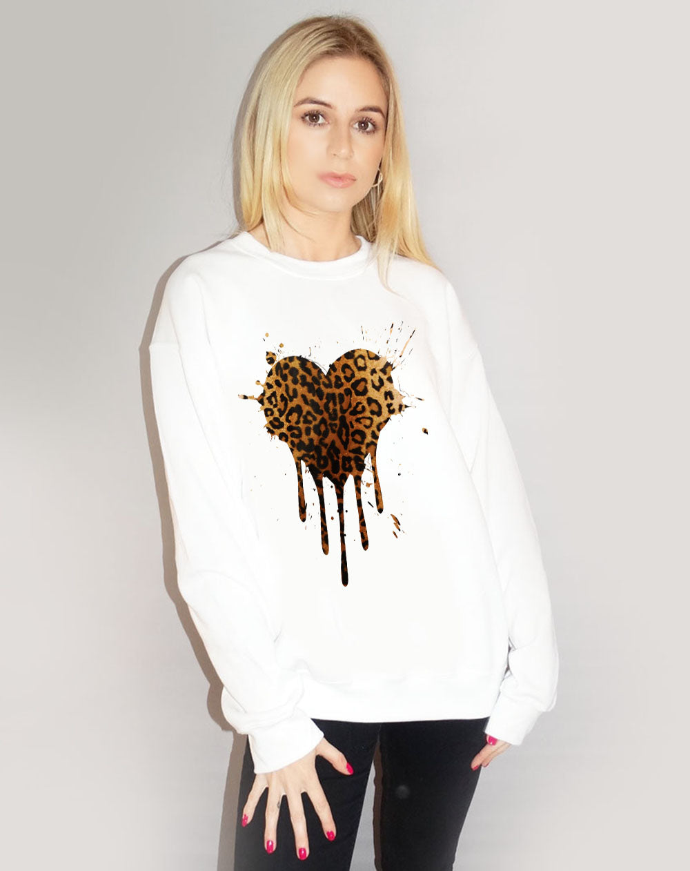 Leopard Heart Drip Motif Jumper In White