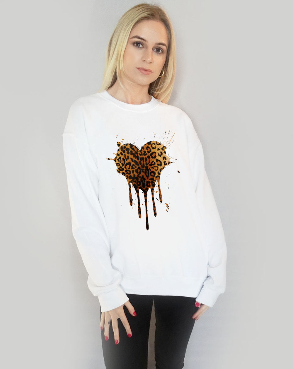 Leopard Heart Drip Motif Jumper In White