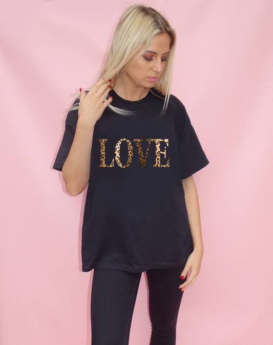 Leopard Love Print T-Shirt In Black