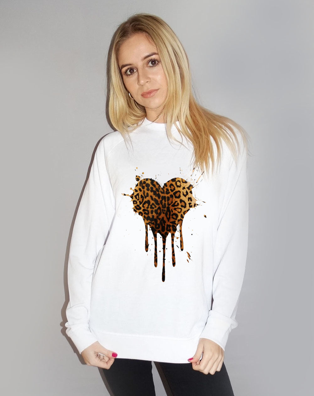 Leopard Heart Drip Motif Jumper In White