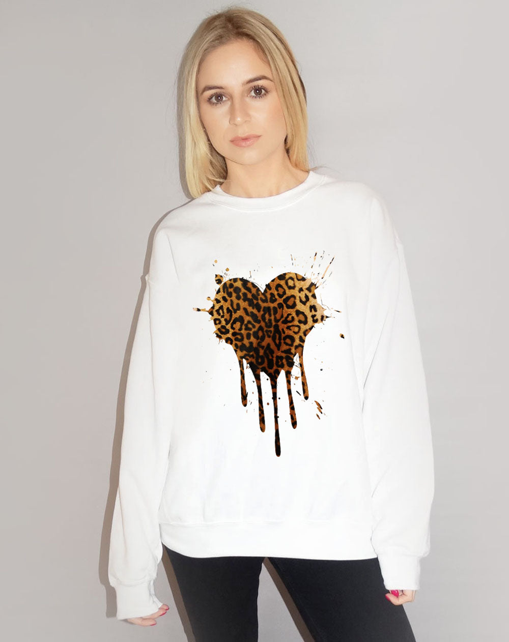 Leopard Heart Drip Motif Jumper In White