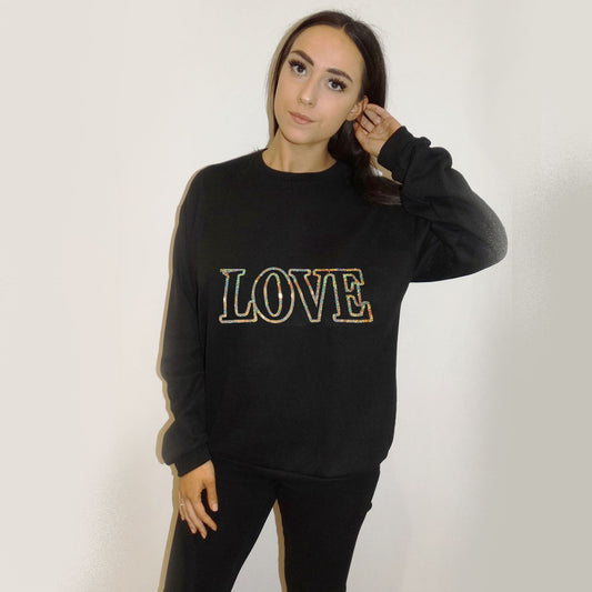 Love Gold Foil Outline Print Oversized Jumper In Black