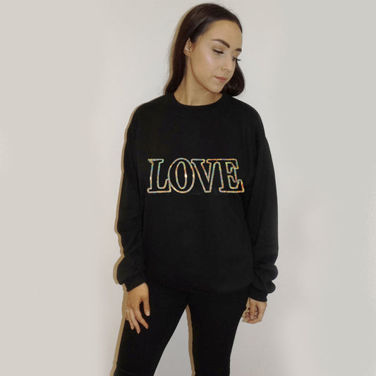 Love Gold Foil Outline Print Oversized Jumper In Black