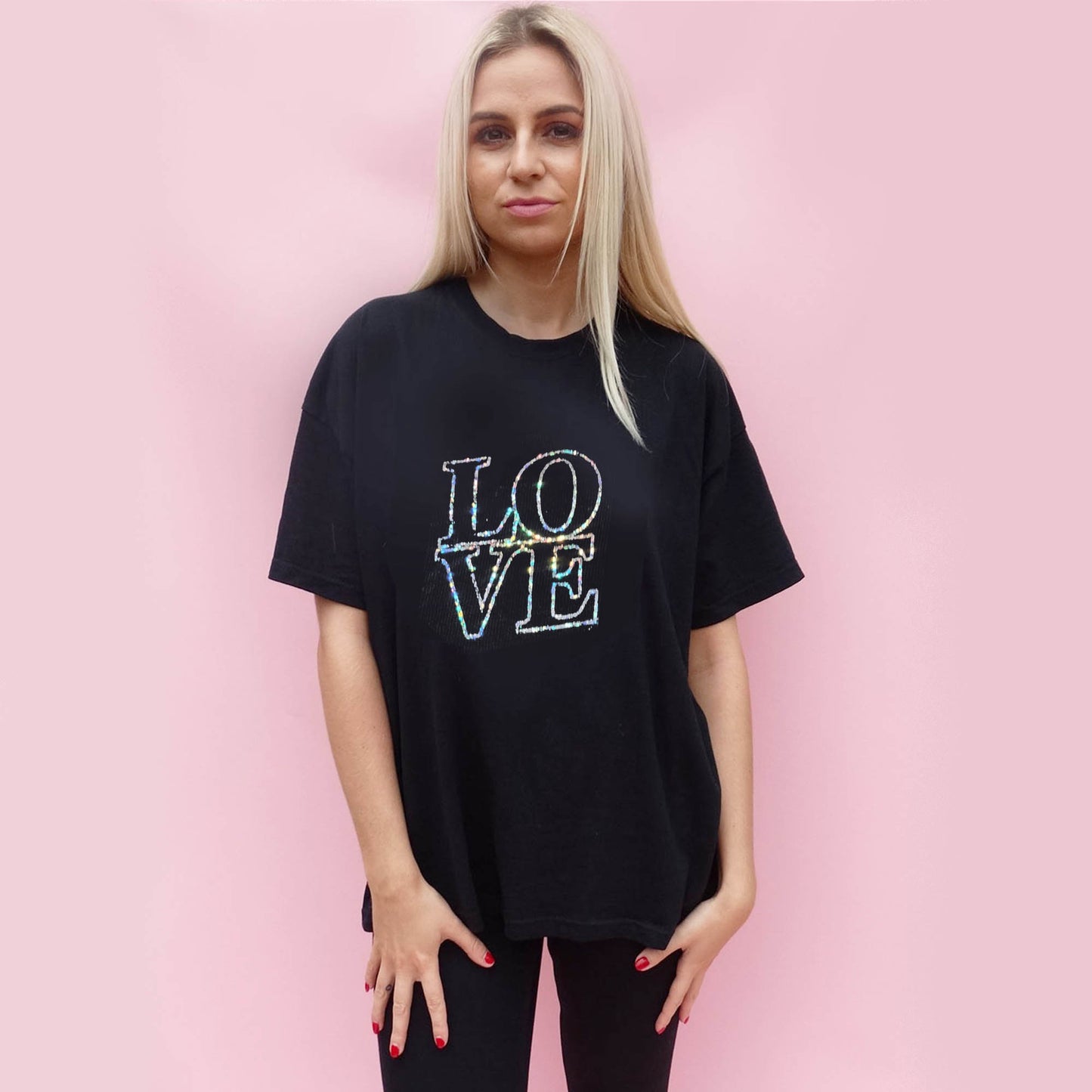 Silver Love Block Print Outline Tshirt In Black