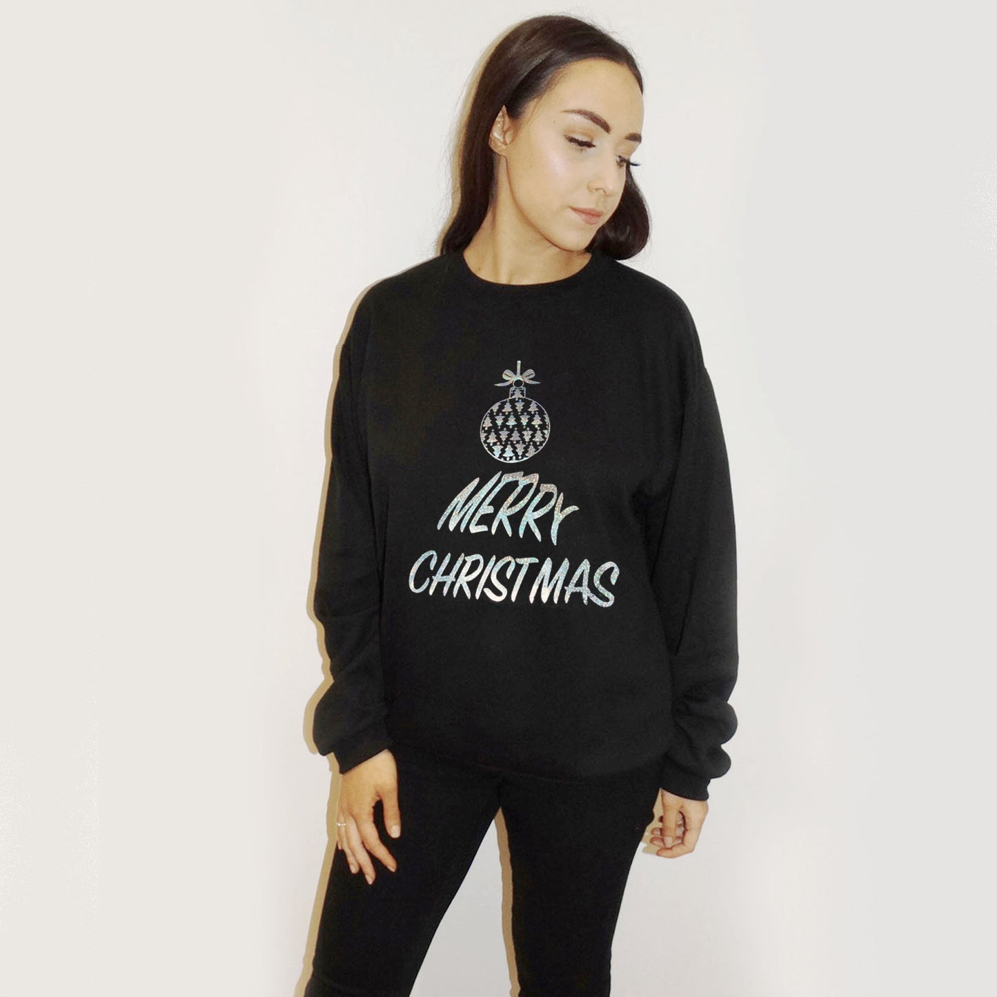 Silver Glitter Merry Christmas Bauble Print Oversized Jumper