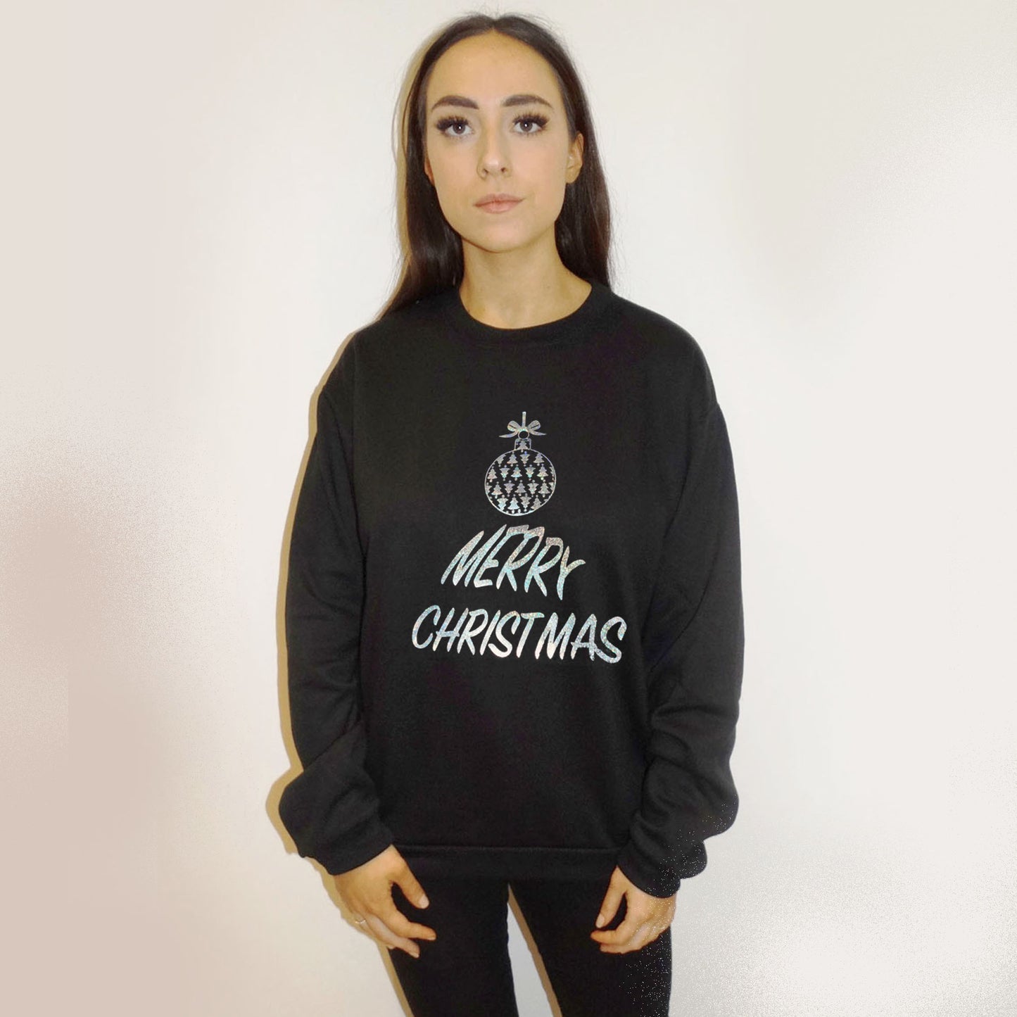 Silver Glitter Merry Christmas Bauble Print Oversized Jumper